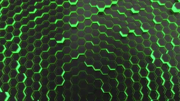 Abstract Technological Background Made Black Hexagons Green Glow Wall Hexagons — Stock Video