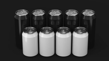  Siyah backgro üzerinde iki raws önünde duran siyah ve beyaz soda kutular