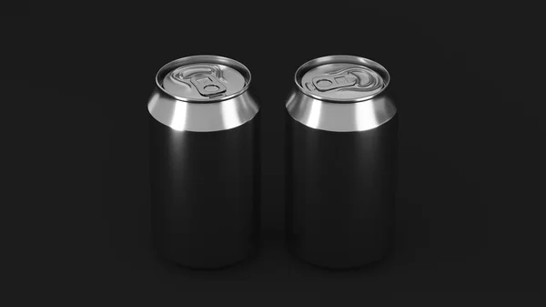 Due piccole lattine di alluminio argento soda mockup su sfondo nero — Foto Stock