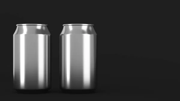 Twee kleine zilveren aluminium soda cans mockup op zwarte achtergrond — Stockfoto