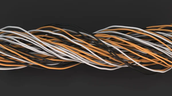 Cables y alambres retorcidos negros, blancos y anaranjados en surfac negro —  Fotos de Stock