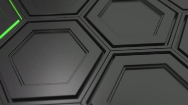 Teknolojik arka plan siyah altıgen yanarak bahislerin doğru yeşil parıltı ile yapılmış. Altıgen yanarak bahislerin doğru duvarına. 3D render illüstrasyon