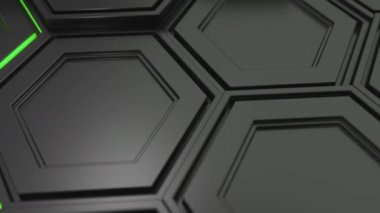 Teknolojik arka plan siyah altıgen yanarak bahislerin doğru yeşil parıltı ile yapılmış. Altıgen yanarak bahislerin doğru duvarına. 3D render illüstrasyon