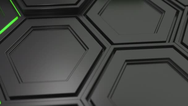 Abstrakt Teknisk Bakgrund Tillverkad Svart Hexagoner Med Grönt Sken Väggen — Stockvideo