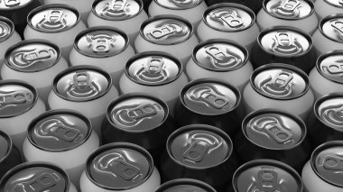 Beyaz arka plan üzerinde büyük siyah ve beyaz soda kutular