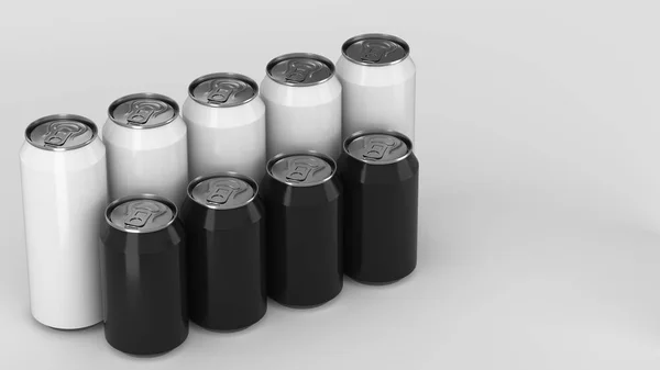 Latas de refresco blanco y negro de pie en dos raws sobre fondo blanco —  Fotos de Stock