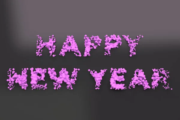 Tekutý fialový slova šťastný nový rok s kapkami na černé poza — Stock fotografie