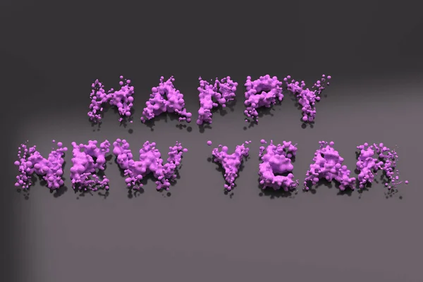 Violet liquide Bonne année mots avec des gouttes sur fond noir — Photo