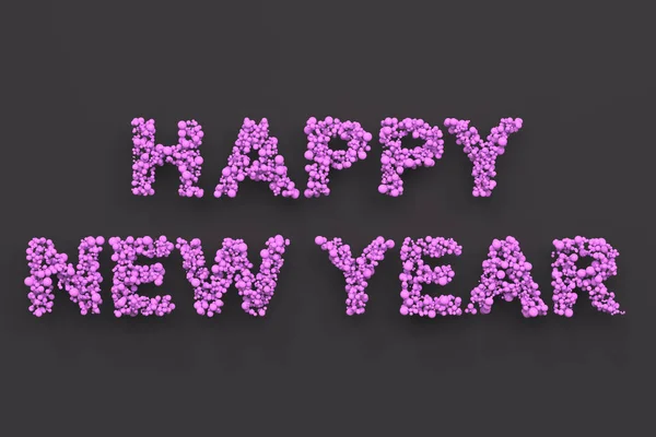 Ευτυχισμένο το νέο έτος λέξεις από βιολετί μπάλες σε μαύρο φόντο — Φωτογραφία Αρχείου