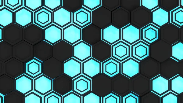 Abstrato 3d fundo feito de preto hexágonos no azul brilhando ba — Fotografia de Stock