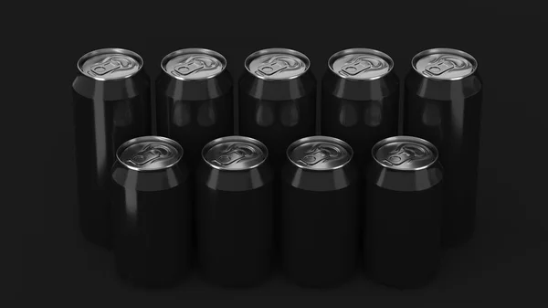 Black soda cans standing in two raws on black background