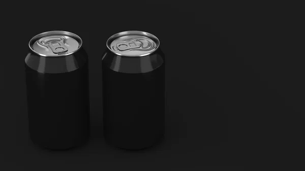 두 개의 작은 검은 알루미늄 음료수 캔 이랑 검은 배경에 — 스톡 사진