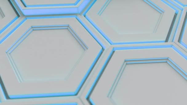 抽象的な技術背景は青色の輝きを持つ白い六角形に成っています 六角形の壁 レンダリング図 — ストック動画