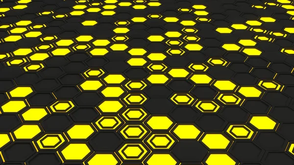 Abstract 3d background made of yellow hexagons on orange glowing