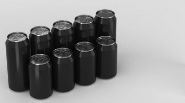  Beyaz arka plan üzerinde iki raws önünde duran siyah soda kutular