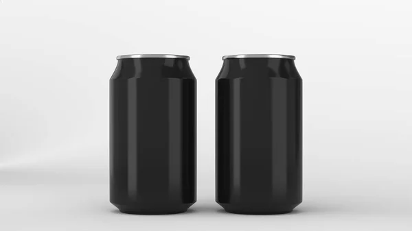 Dvě malé černé hliníkové soda plechovky maketa na bílém pozadí — Stock fotografie