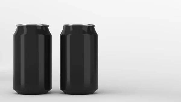 Dos pequeñas latas de soda de aluminio negro maqueta sobre fondo blanco —  Fotos de Stock