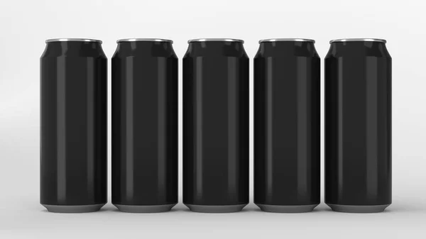 Zwarte soda cans staande in twee raws op witte achtergrond — Stockfoto