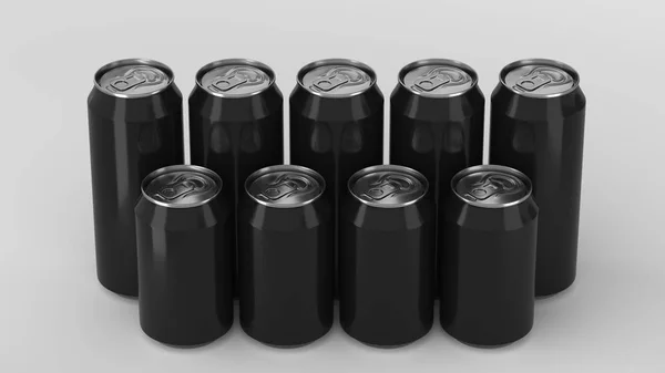 Zwarte soda cans staande in twee raws op witte achtergrond — Stockfoto