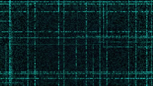 抽象的なデジタル技術の背景は 被写し界深度と視点で青い白熱粒子に成っています 粒子の長方形の線 光る粒子のグリッド レンダリング図 — ストック動画