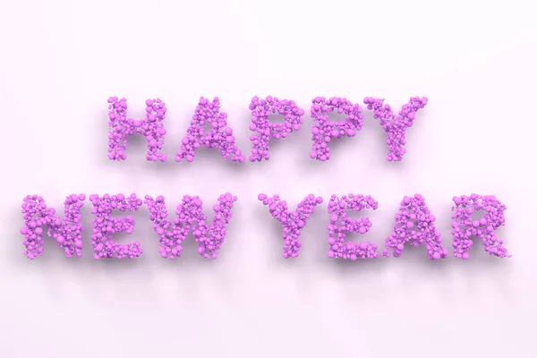 Слова поздравления с Новым годом из фиолетовых шаров на белом фоне — стоковое фото