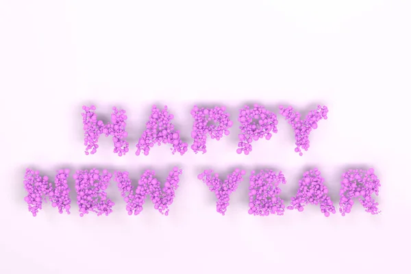 Mutlu yeni yıl kelimenin Menekşe topları beyaz arka plan üzerinde — Stok fotoğraf