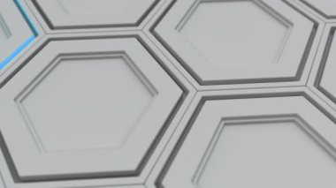 Teknolojik arka plan beyaz altıgenler Mavi parlaklık ile yapılmış. Altıgen yanarak bahislerin doğru duvarına. 3D render illüstrasyon