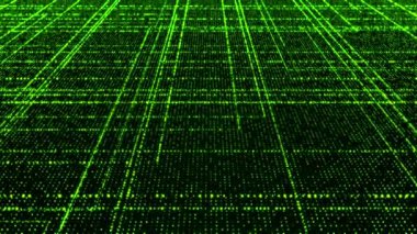 Soyut dijital teknoloji arka plan bakış açısı yeşil parlayan parçacıkların alan derinliği ile yaptı. Parçacıkların dikdörtgen satırları. Kılavuz parlayan parçacık. 3D render illüstrasyon