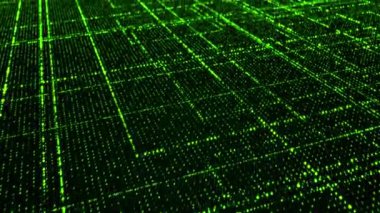 Soyut dijital teknoloji arka plan bakış açısı yeşil parlayan parçacıkların alan derinliği ile yaptı. Parçacıkların dikdörtgen satırları. Kılavuz parlayan parçacık. 3D render illüstrasyon