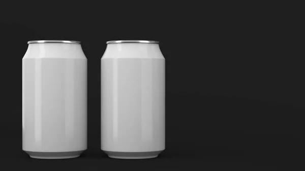 Két kis fehér alumínium soda kannák fekete háttér makett — Stock Fotó