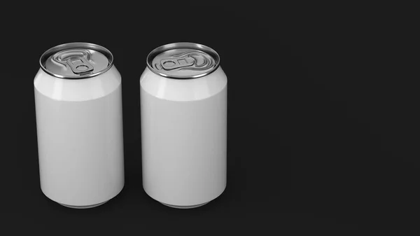 Dvě malé bílé hliníkové soda plechovky maketa na černém pozadí — Stock fotografie