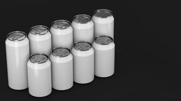 Latas de refrigerante branco em pé em duas raws no fundo preto — Fotografia de Stock