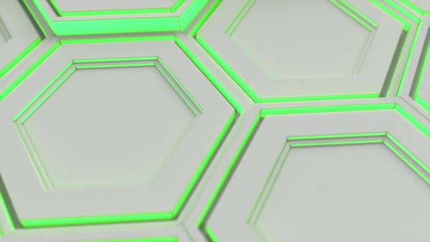 抽象的な技術背景は緑の輝きを持つ白い六角形に成っています 六角形の壁 レンダリング図 — ストック動画