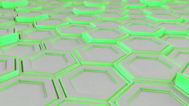 Contexto Tecnológico Abstrato Feito Hexágonos Brancos Com Brilho Verde Parede — Vídeo de Stock