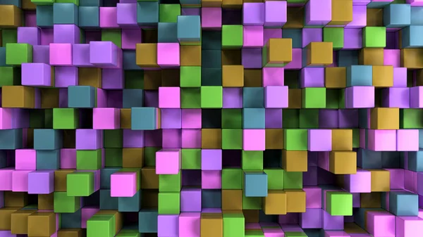 Muur van blauw, groen, bruin en paarse kubussen — Stockfoto