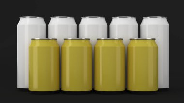  Siyah backgr üzerinde iki raws ayakta beyaz ve sarı soda kutular