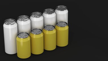  Siyah backgr üzerinde iki raws ayakta beyaz ve sarı soda kutular