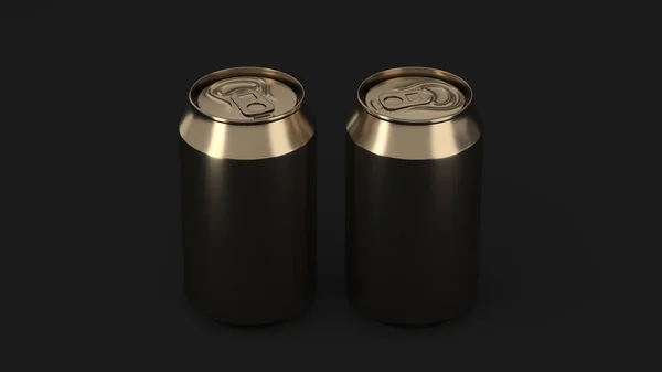Twee kleine gouden aluminium soda cans mockup op zwarte achtergrond — Stockfoto