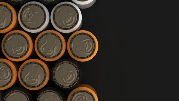 Grandes latas de refrigerante preto, branco e laranja no fundo preto — Fotografia de Stock