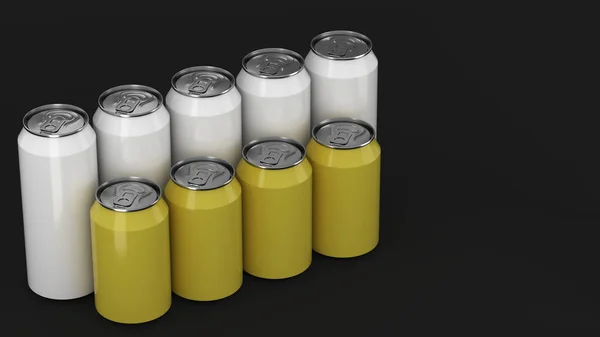Weiße und gelbe Getränkedosen stehen in zwei Raps auf schwarzem Backgr — Stockfoto