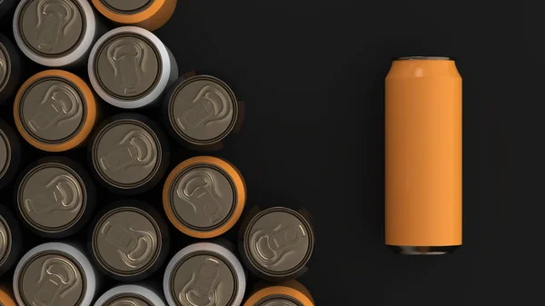 Grote zwarte, witte en oranje soda blikjes op zwarte achtergrond — Stockfoto
