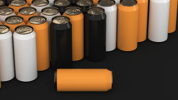 Big black, white and orange soda cans on black background — Stock Photo, Image