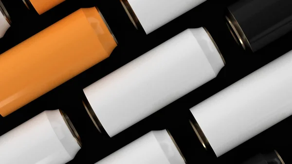 RAWs av svart, vit och orange soda burkar — Stockfoto