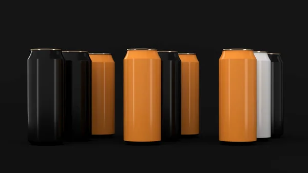 Latas de refresco crudo de color negro, naranja y blanco —  Fotos de Stock
