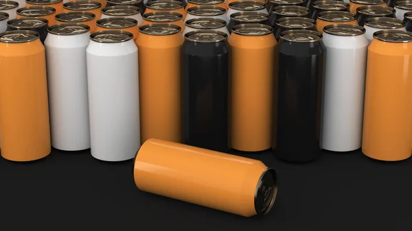 Velké černé, bílé a oranžové soda plechovky na černém pozadí — Stock fotografie