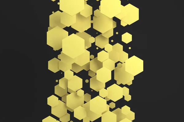 Hexágonos amarelos de tamanho aleatório no fundo preto — Fotografia de Stock