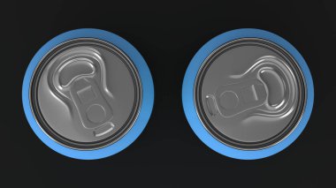 Mockup siyah arka plan üzerine iki küçük mavi alüminyum soda kutular