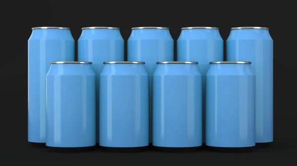 Modrá soda plechovky stojí ve dvou řadách na černém pozadí — Stock fotografie