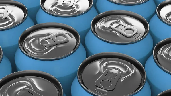 Grandes latas de refrigerante azul no fundo preto — Fotografia de Stock