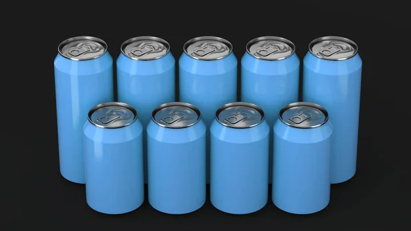 Blauwe soda cans staande in twee raws op zwarte achtergrond — Stockfoto